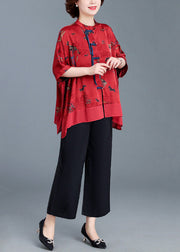 Red Print Button Patchwork Silk Two Piece Set Stand Collar Summer