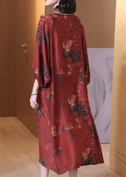 Red Print Button Silk Long Dress O Neck Half Sleeve