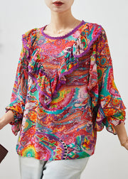 Red Print Chiffon Blouse Top Ruffled Lantern Sleeve