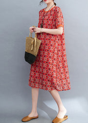 Red Print Chiffon Long Dress O-Neck Oversized Summer