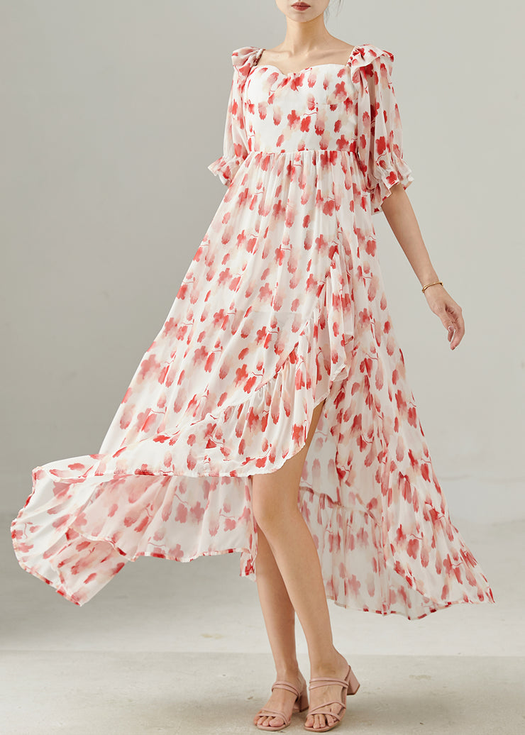 Red Print Chiffon Long Dresses Square Collar Summer