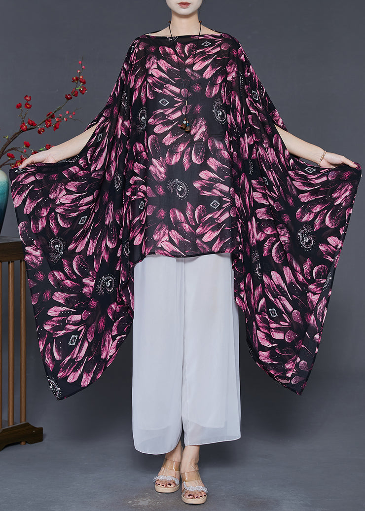 Red Print Chiffon Long Smock Asymmetrical Batwing Sleeve