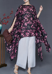 Red Print Chiffon Long Smock Asymmetrical Batwing Sleeve