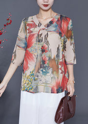 Red Print Chiffon Shirts Oversized Tassel Half Sleeve