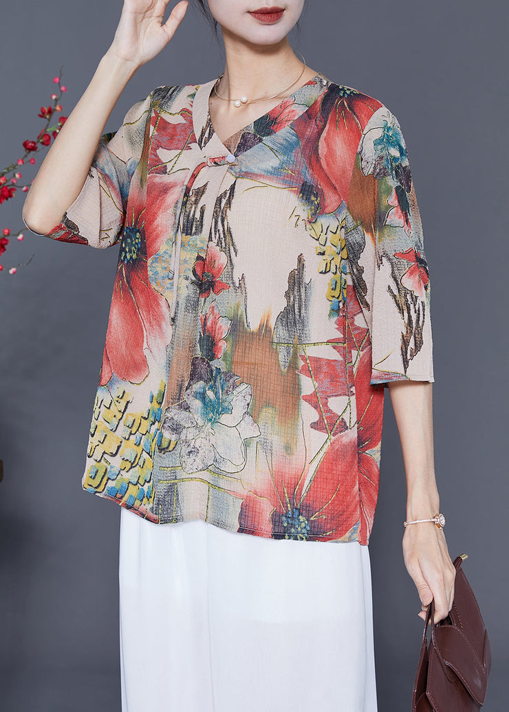 Red Print Chiffon Shirts Oversized Tassel Half Sleeve