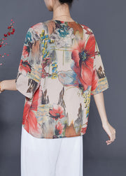 Red Print Chiffon Shirts Oversized Tassel Half Sleeve