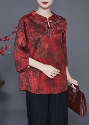 Red Print Chinese Style Silk Shirt Top Chinese Button Craquelure Summer