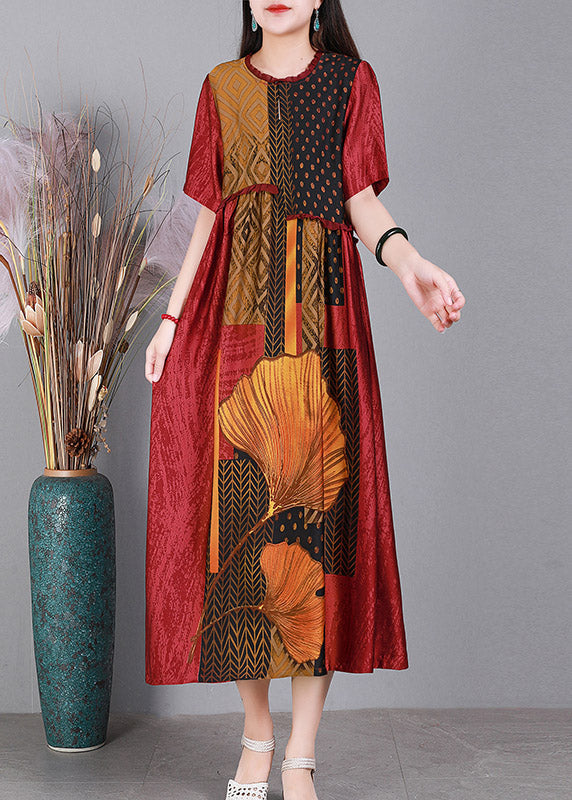 Red Print Cinched Silk Long Dress Short Sleeve