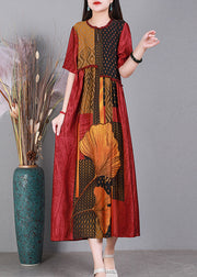 Red Print Cinched Silk Long Dress Short Sleeve