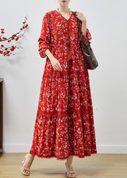 Red Print Cotton Dresses Cinched Exra Large Hem Fall