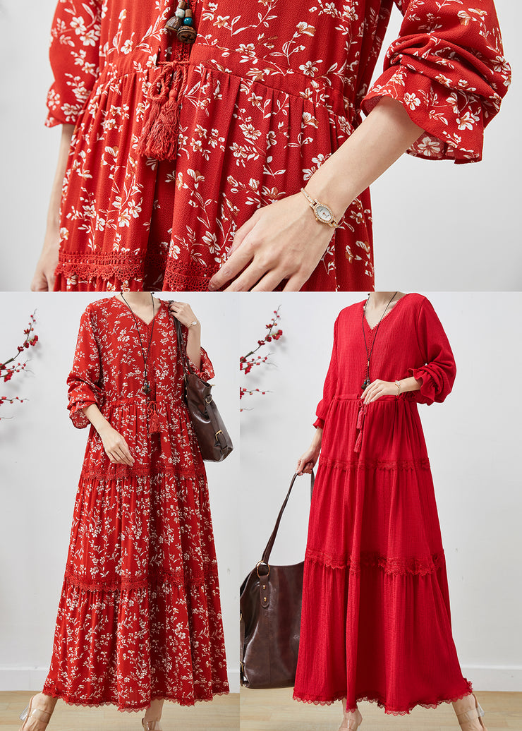 Red Print Cotton Dresses Cinched Exra Large Hem Fall