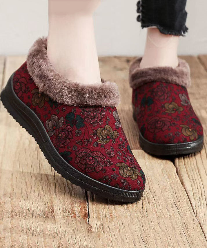 Red Print Cotton Fabric Flat Feet Shoes Splicing Fuzzy Wool Lined