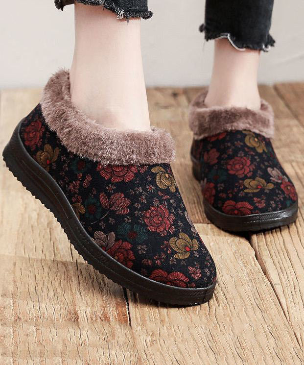 Red Print Cotton Fabric Flat Feet Shoes Splicing Fuzzy Wool Lined