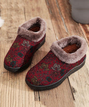 Red Print Cotton Fabric Flat Feet Shoes Splicing Fuzzy Wool Lined