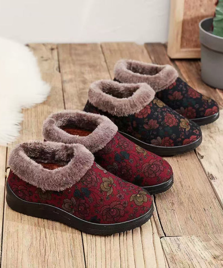 Red Print Cotton Fabric Flat Feet Shoes Splicing Fuzzy Wool Lined