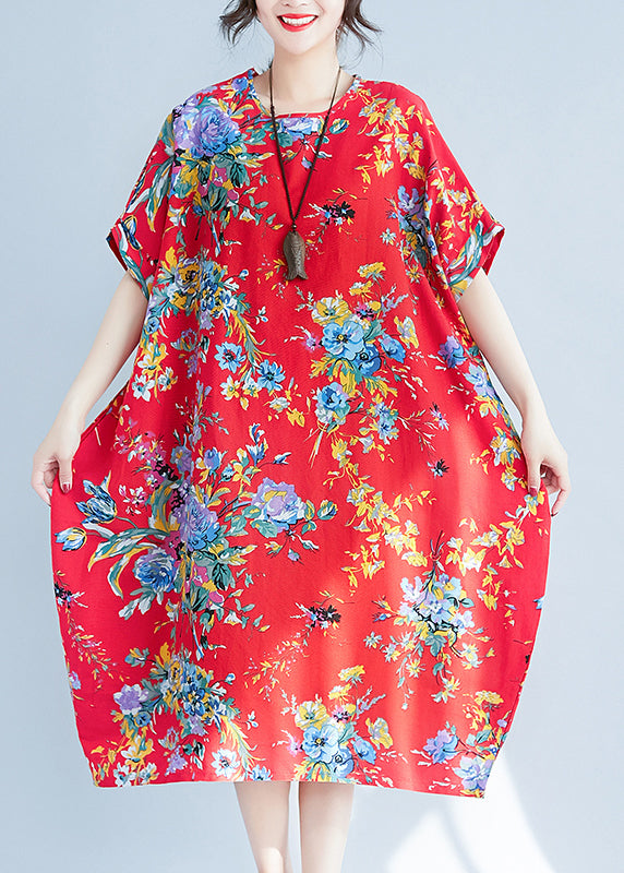 Red Print Cotton Long Dress Oversized Pockets Summer