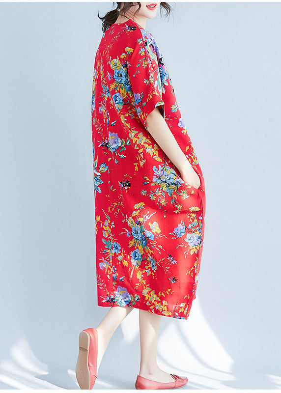 Red Print Cotton Long Dress Oversized Pockets Summer