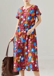 Red Print Cotton Maxi Dresses Cinched Summer