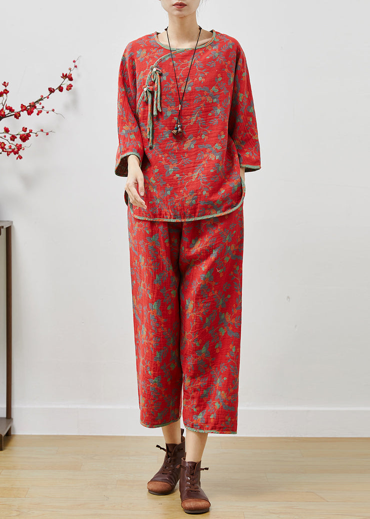 Red Print Cotton Oriental Two Pieces Set Side Open Summer