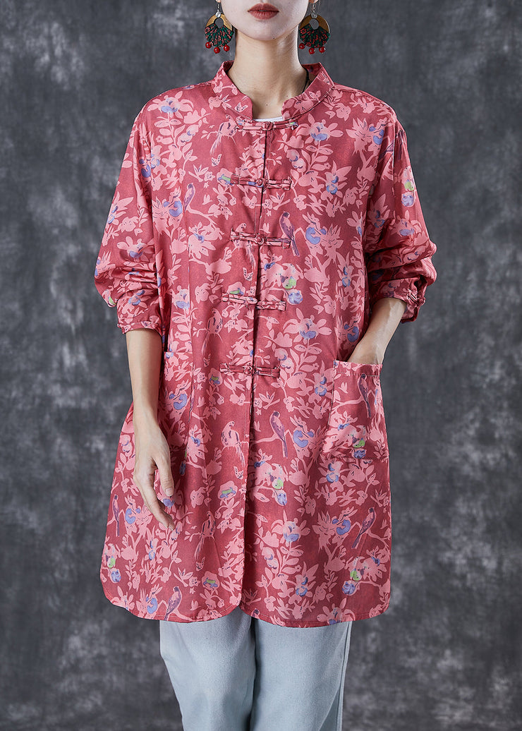 Red Print Cotton Shirt Tops Chinese Button Fall