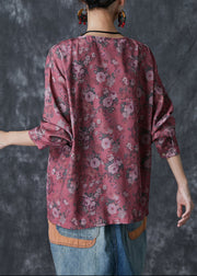 Red Print Cotton Shirt Tops Oversized Chinese Button Fall