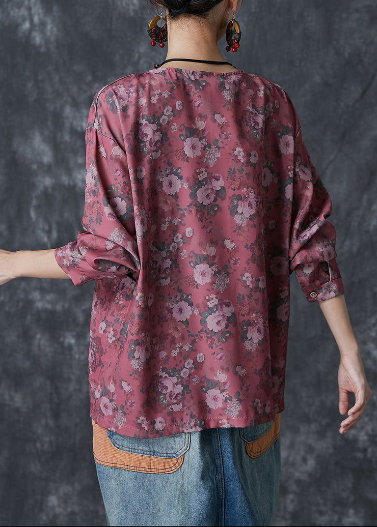 Red Print Cotton Shirt Tops Oversized Chinese Button Fall