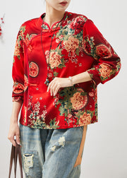 Red Print Cotton Shirts Chinese Style Spring