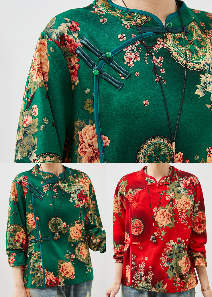 Red Print Cotton Shirts Chinese Style Spring