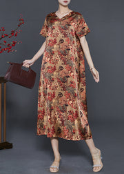 Red Print Draping Silk Long Dress V Neck Summer