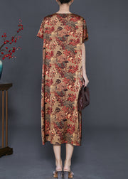 Red Print Draping Silk Long Dress V Neck Summer