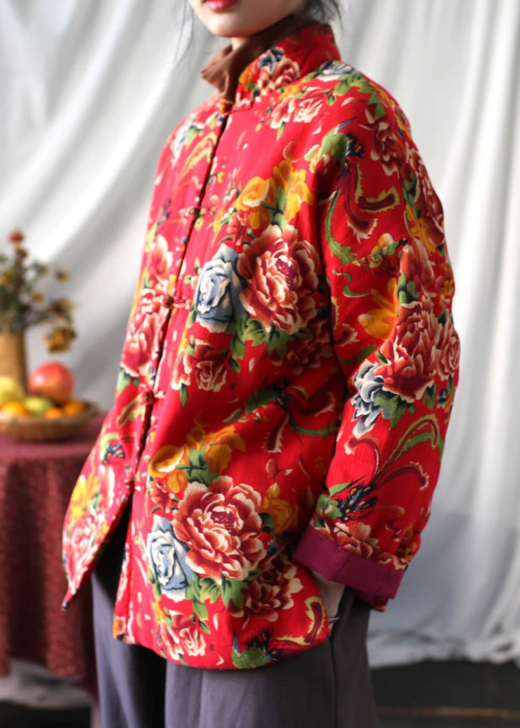 Red Print Fine Cotton Filled Jackets Chinese Button Spring