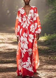 Red Print High Waist Chiffon Long Dress V Neck Spring