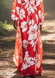 Red Print High Waist Chiffon Long Dress V Neck Spring