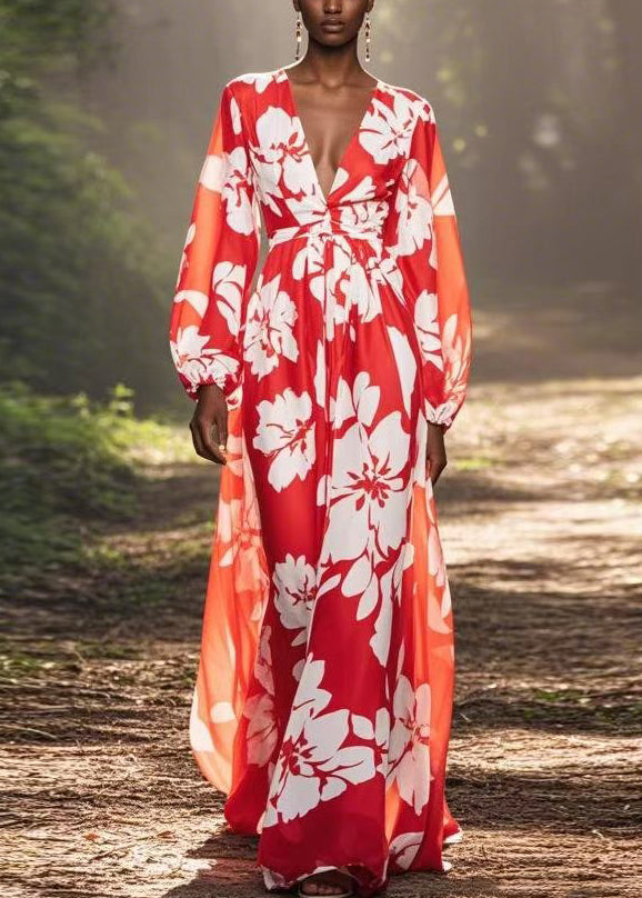 Red Print High Waist Chiffon Long Dress V Neck Spring