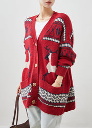 Red Print Knit Cardigans V Neck Pockets Winter