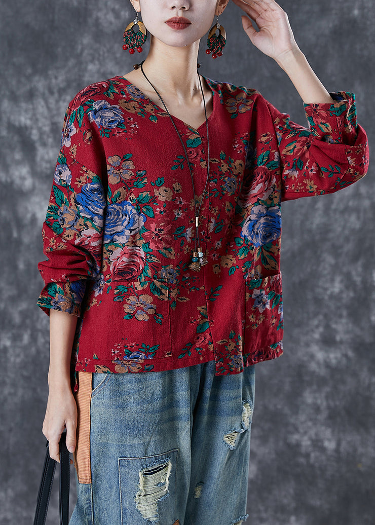 Red Print Linen Blouse Top Asymmetrical Design Fall