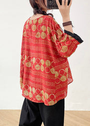 Red Print Linen Shirt Tops Oversized Bracelet Sleeve