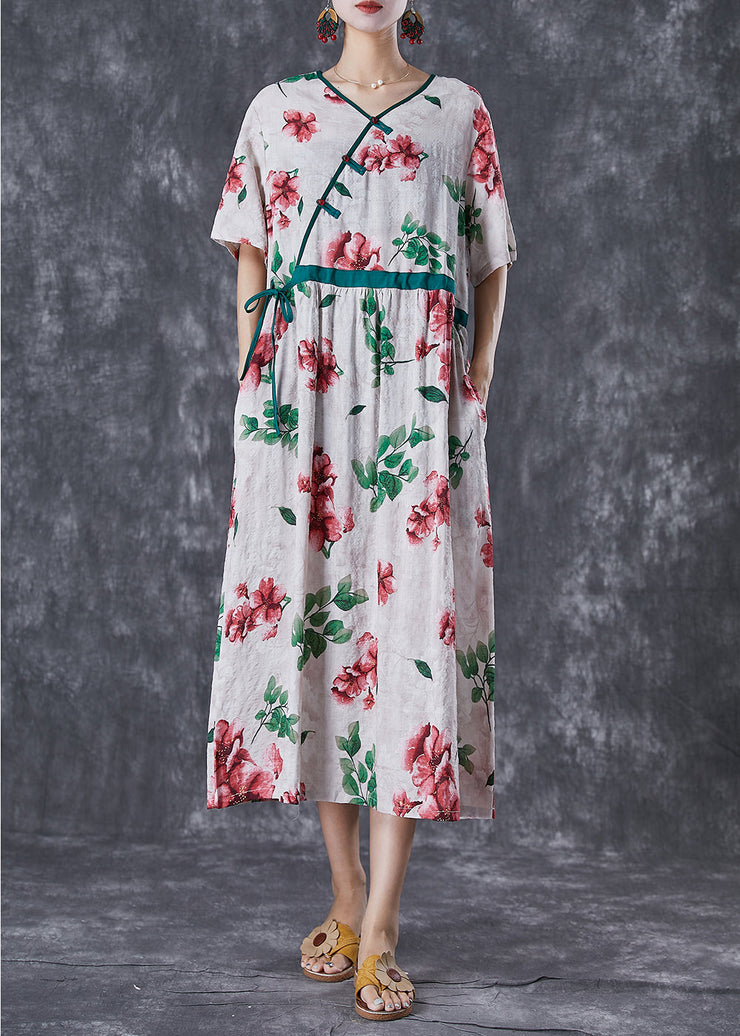 Red Print Linen Silk Long Dress V Neck Cinched Summer