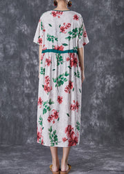 Red Print Linen Silk Long Dress V Neck Cinched Summer