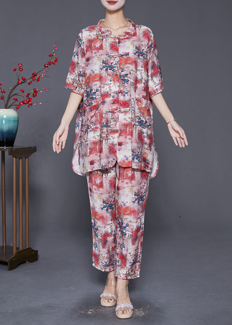 Red Print Linen Two Pieces Set Oversized Chinese Button Summer