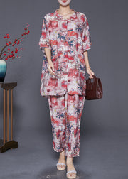 Red Print Linen Two Pieces Set Oversized Chinese Button Summer