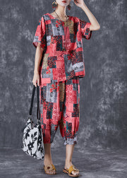 Red Print Linen Two Pieces Set Oversized Summer