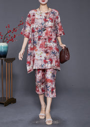 Red Print Loose Linen Silk 2 Piece Outfit Side Open Summer