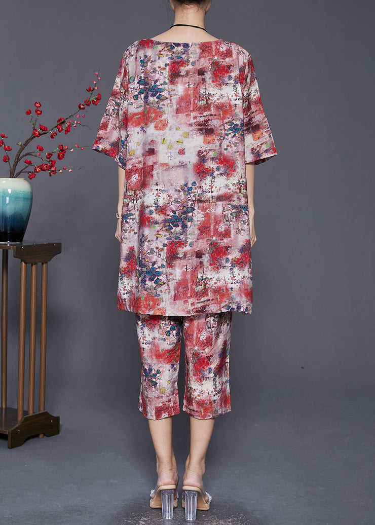 Red Print Loose Linen Silk 2 Piece Outfit Side Open Summer