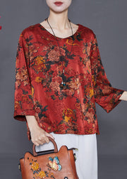 Red Print Loose Silk Shirt Top O-Neck Summer
