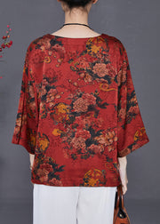 Red Print Loose Silk Shirt Top O-Neck Summer