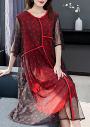 Red Print Patchwork Chiffon Dress O Neck Wrinkled Summer