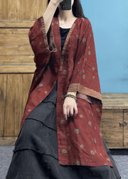 Red Print Patchwork Loose Linen Cardigan V Neck Spring