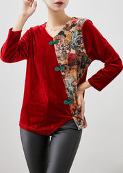 Red Print Patchwork Silk Velour Shirt Tops Chinese Button Winter