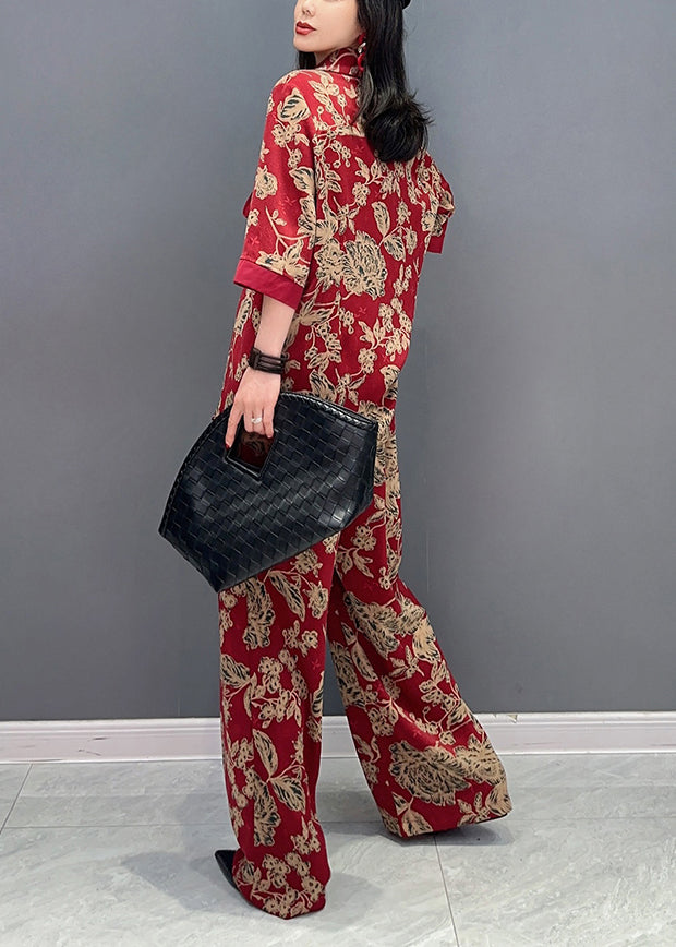 Red Print Patchwork Top And Wide Leg Pants Two Pieces Set Long Sleeve